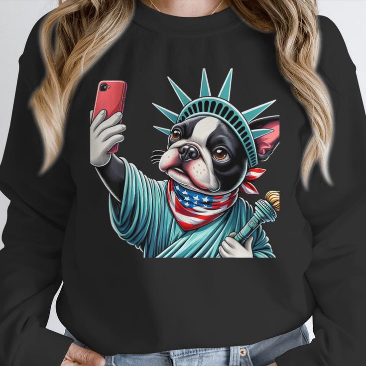Boston Terrier Selfie Statue Of Liberty 4th Of July American Unisex Sweatshirt, novelty gifts, funny gifts