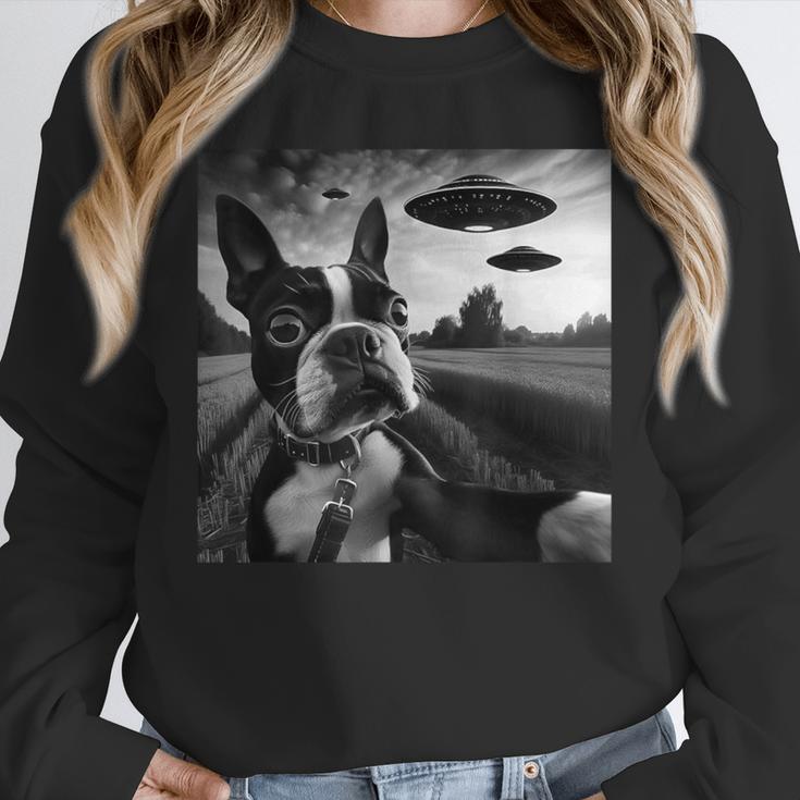 Boston Terrier Graphic Selfie With UFOs Weird Aliens Unisex Sweatshirt, novelty gifts, funny gifts