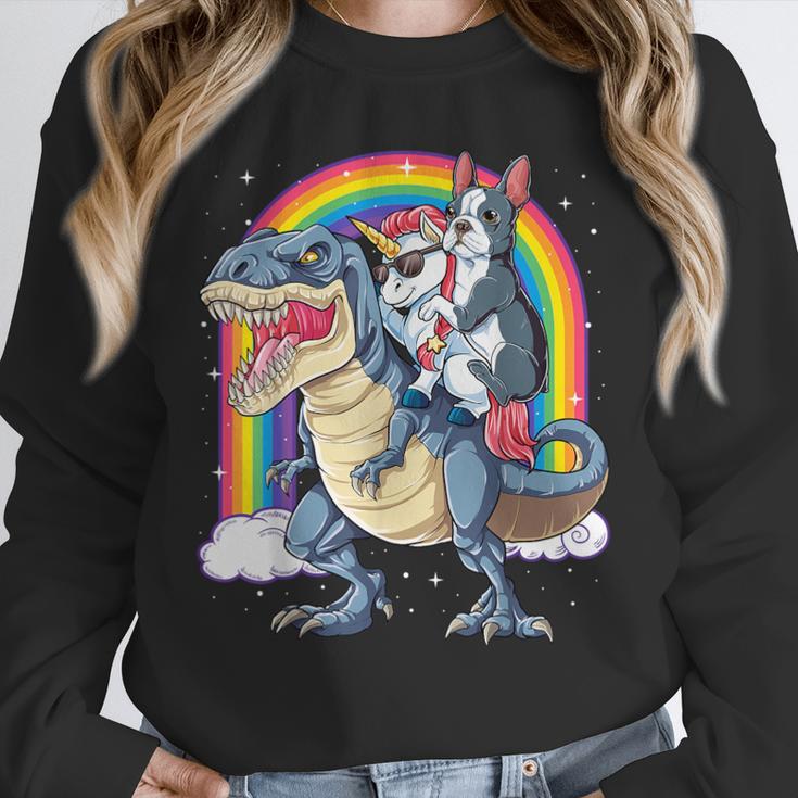 Boston Terrier Unicorn Riding Dinosaur T-Rex Girls Rainbow Unisex Sweatshirt, novelty gifts, funny gifts