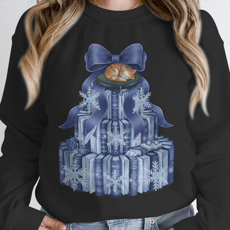 Coquette Bow Book Tree Merry Christmas Xmas Teacher Holiday Unisex Sweatshirt, novelty gifts, funny gifts