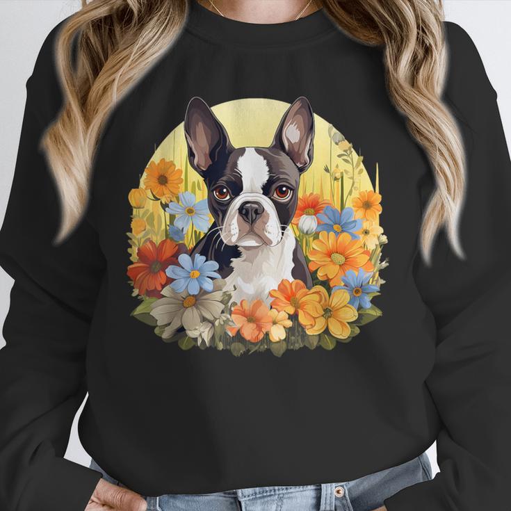 Cute Boston Terrier Spring Flower Garden Colorful Puppy Dog Unisex Sweatshirt, novelty gifts, funny gifts