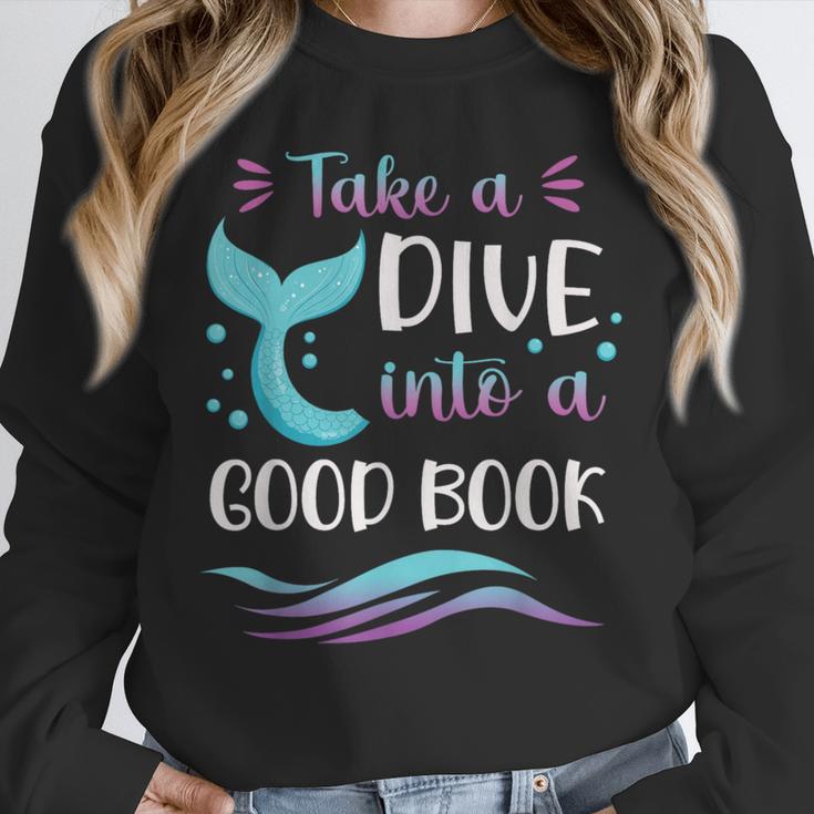 Cute Mermaid Librarian Teacher Dive Into A Good Book Reading Unisex Sweatshirt, novelty gifts, funny gifts