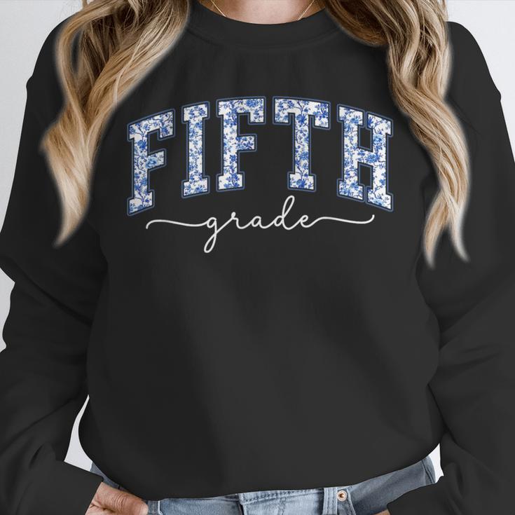 Fifth Grade Coquette Toile Blue Bow Floral Women Teacher Unisex Sweatshirt, novelty gifts, funny gifts