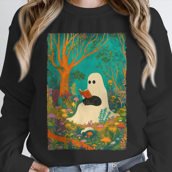 Groovy Ghost Reading Book Cat Halloween Ghost Teacher Unisex Sweatshirt, novelty gifts, funny gifts