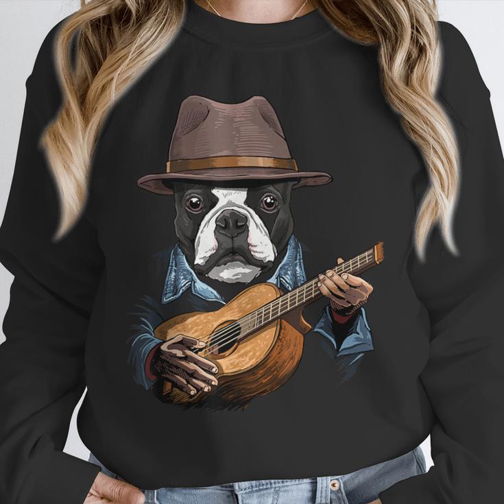 Guitar Shirt Boston Terrier Dog Playing Acoustic Guitar Unisex Sweatshirt, novelty gifts, funny gifts