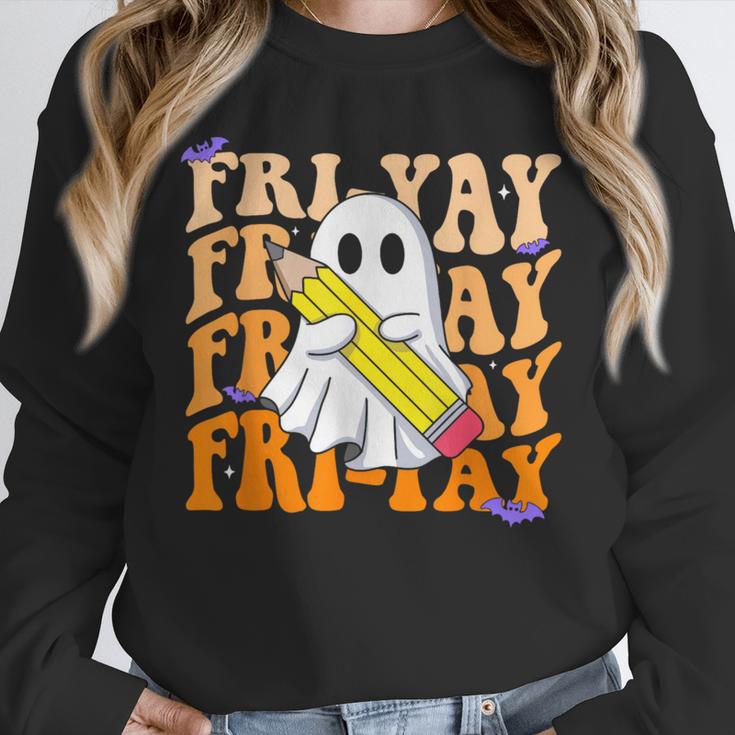 Happy Fri-Yay Friday Lovers Groovy Teacher Life Halloween Unisex Sweatshirt, novelty gifts, funny gifts
