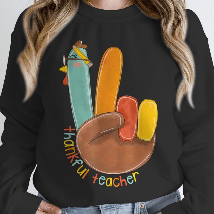 One Thankful Teacher Thanksgiving Turkey Peace Hand Sign Unisex Sweatshirt, novelty gifts, funny gifts
