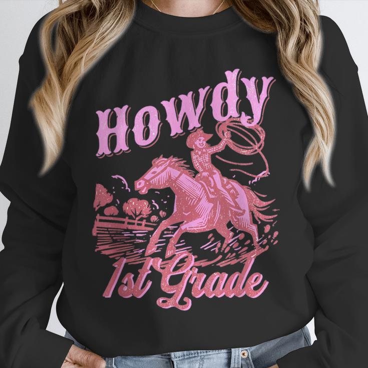 Vintage Howdy First Grade Cowgirl Teacher Western School Unisex Sweatshirt, novelty gifts, funny gifts