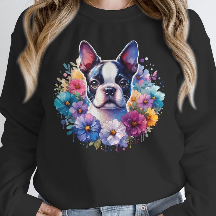 Watercolor Floral Boston Terrier Mama Dog Lover Mother's Day Unisex Sweatshirt, novelty gifts, funny gifts