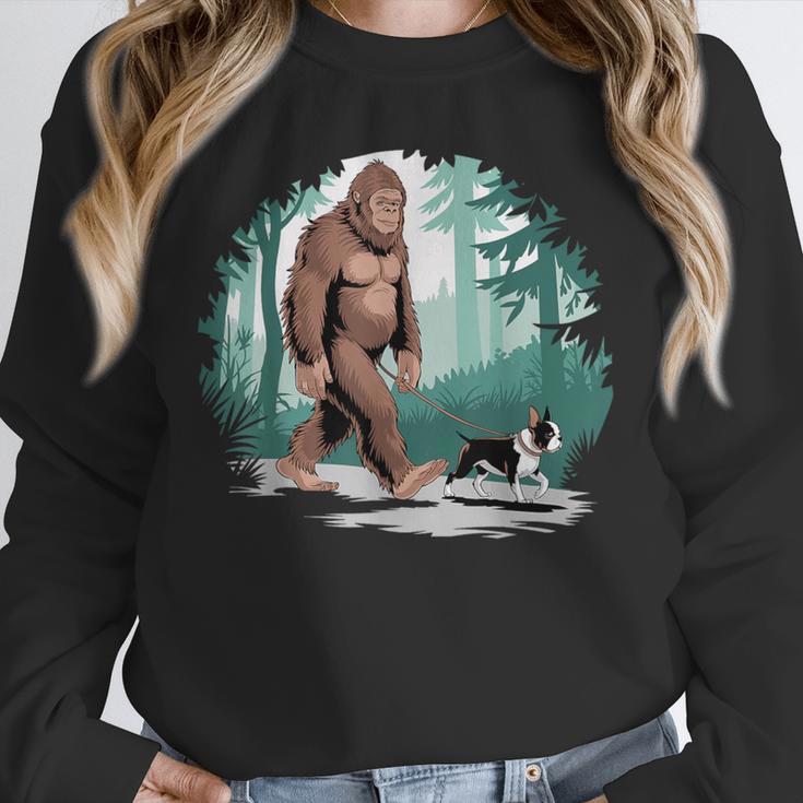 Whimsical Forest Adventures Sasquatch Bigfoot Walking Boston Terrier Dog Lovers Unisex Sweatshirt, novelty gifts, funny gifts