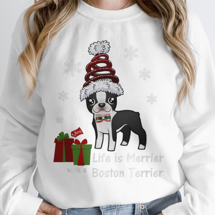Boston Terrier Christmas T Shirt-Life Is Merrier Premium Tri-Blend Unisex Sweatshirt, novelty gifts, funny gifts