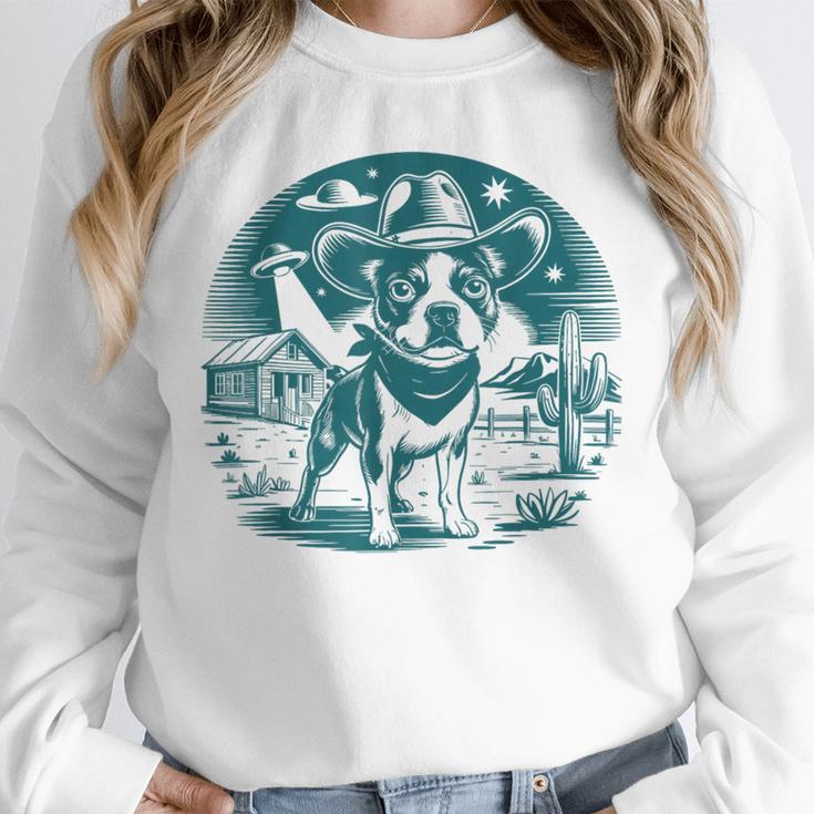 Boston Terrier Cowboy UFO Shirt Vintage Western Dog Mom Tee Unisex Sweatshirt, novelty gifts, funny gifts