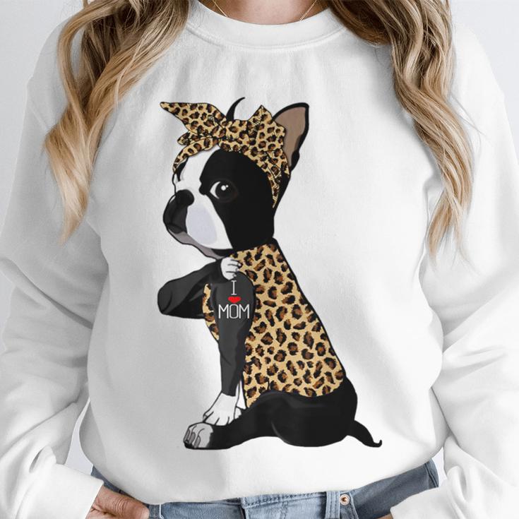 Boston Terrier Lover I Love Mom Tattoo Leopard Unisex Sweatshirt, novelty gifts, funny gifts