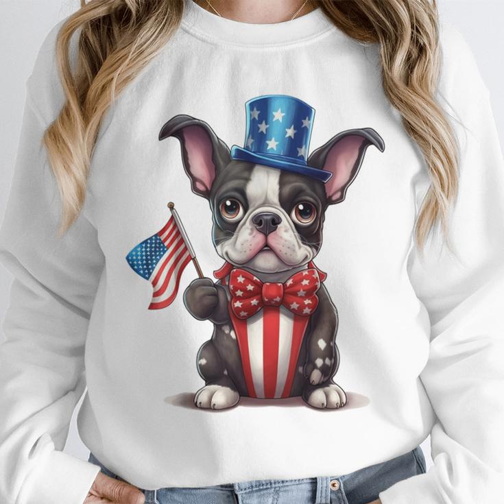 Boston Terrier Puppy Dog Holds His American Flag 4th Of July Unisex Sweatshirt, novelty gifts, funny gifts
