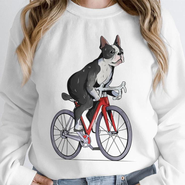 Boston Terrier Riding Bicycle Cute Bostie Biker Raglan Baseball Tee Unisex Sweatshirt, novelty gifts, funny gifts