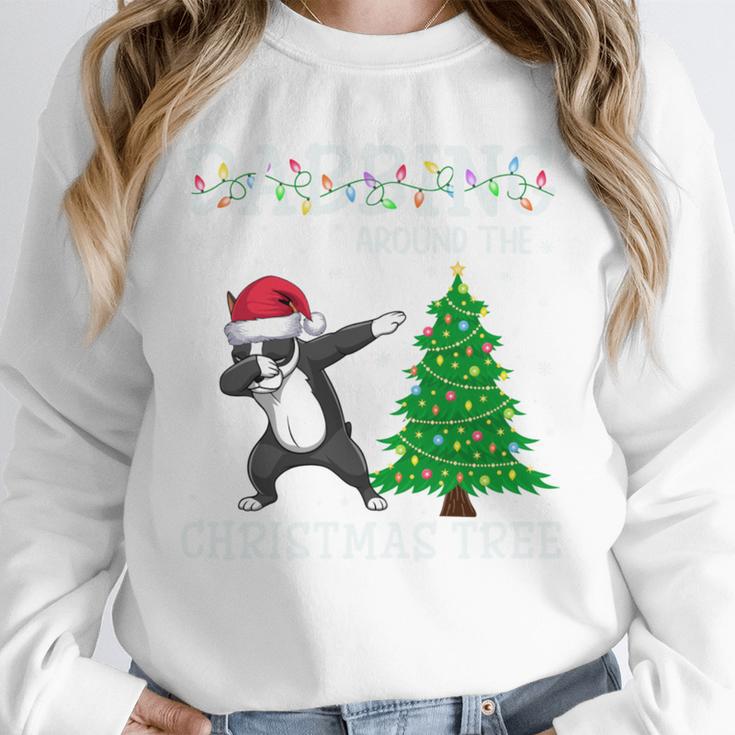 Boston Terrier Santa Hat Dabbing Around The Christmas Tree Unisex Sweatshirt, novelty gifts, funny gifts