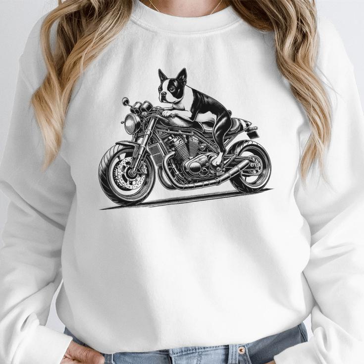Cool Boston Terrier Riding a Motorcycle Biker Dog Lover For Men Women Kids Unisex Sweatshirt, novelty gifts, funny gifts
