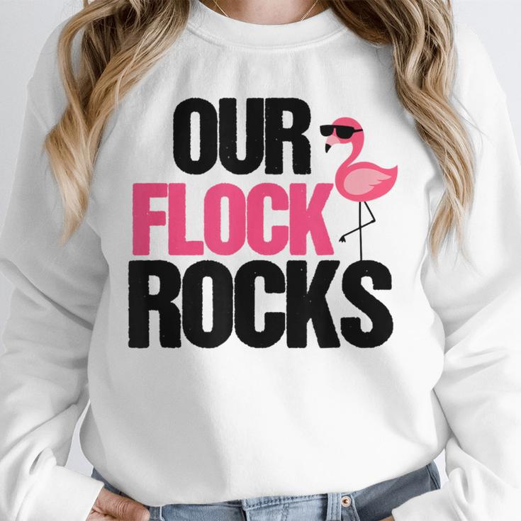 Our Flock Rocks Flamingo Mother's Day Teacher Unisex Sweatshirt, novelty gifts, funny gifts