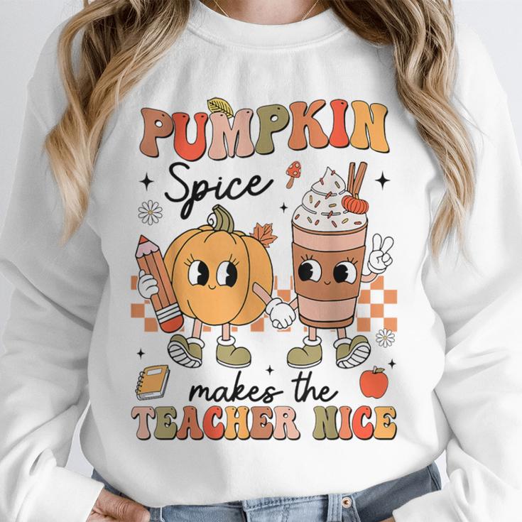 Groovy Pumpkin Spice Makes Teacher Nice Fall Thanksgiving Unisex Sweatshirt, novelty gifts, funny gifts Groovy Pumpkin Spice Makes Teacher Nice Fall Thanksgiving Unisex Sweatshirt, novelty gifts, funny gifts