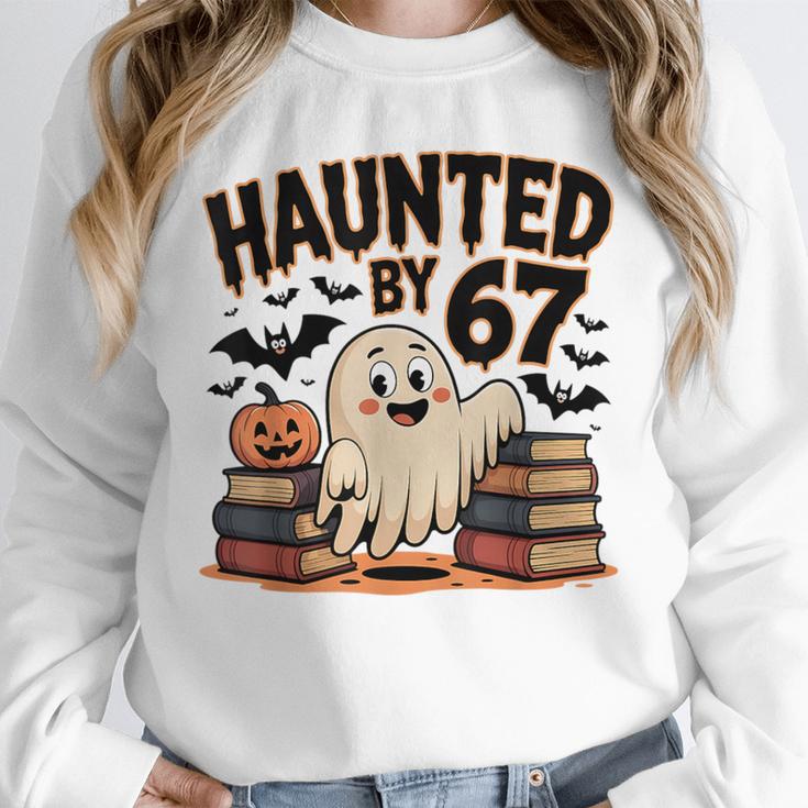 Haunted By 67 Teacher Ghost Pumpkin Halloween Costum Unisex Sweatshirt, novelty gifts, funny gifts