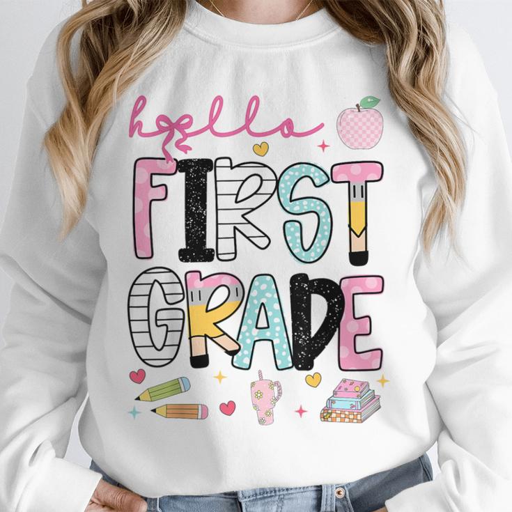 Hello First Grade Teacher Coquette Pencil Bow Back To School Unisex Sweatshirt, novelty gifts, funny gifts