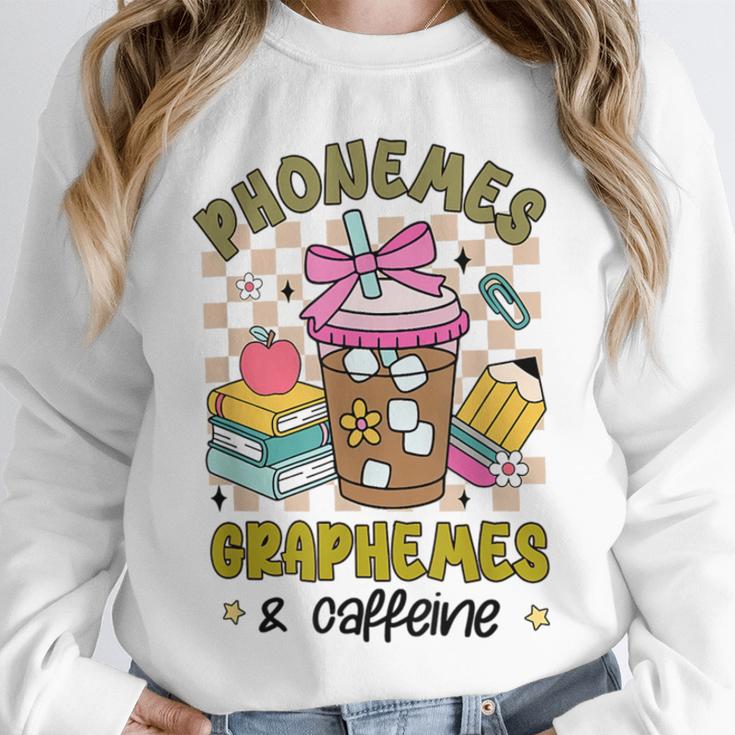 Phonemes Graphemes Caffeine Back To School Reading Teacher Unisex Sweatshirt, novelty gifts, funny gifts