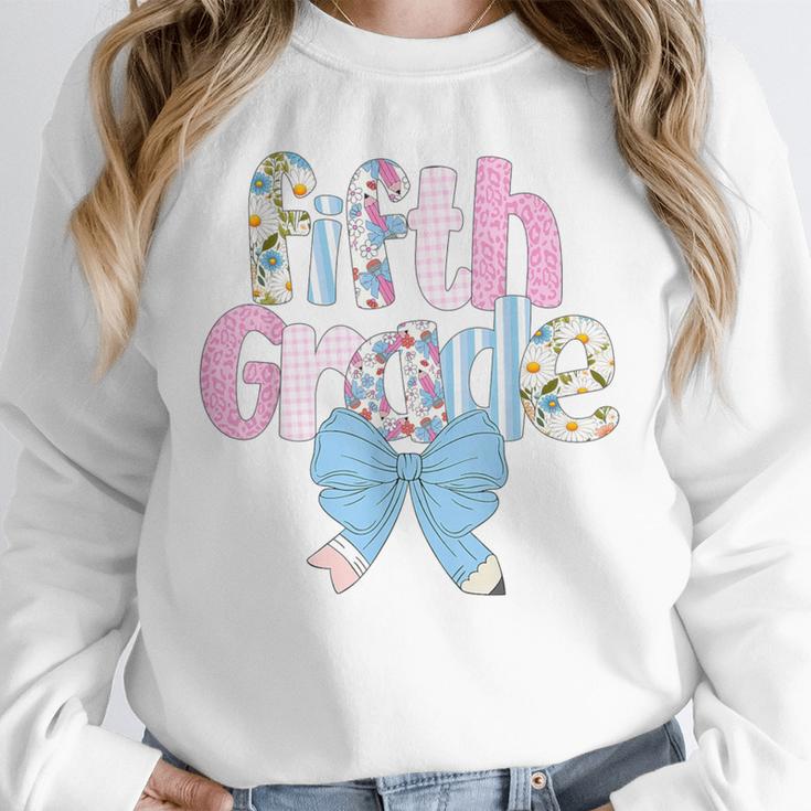 Preppy Fifth Grade Teacher Blue Floral Coquette Pencil Bow Unisex Sweatshirt, novelty gifts, funny gifts