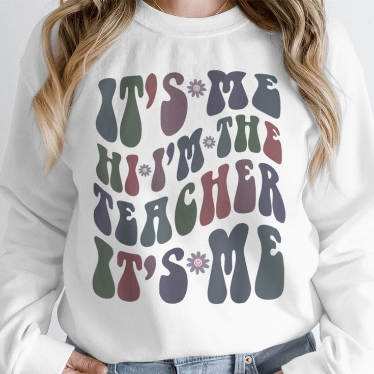 Retro IT'S ME Hi I'm The TEACHER Groovy Testing Squad Pink Unisex Sweatshirt, novelty gifts, funny gifts