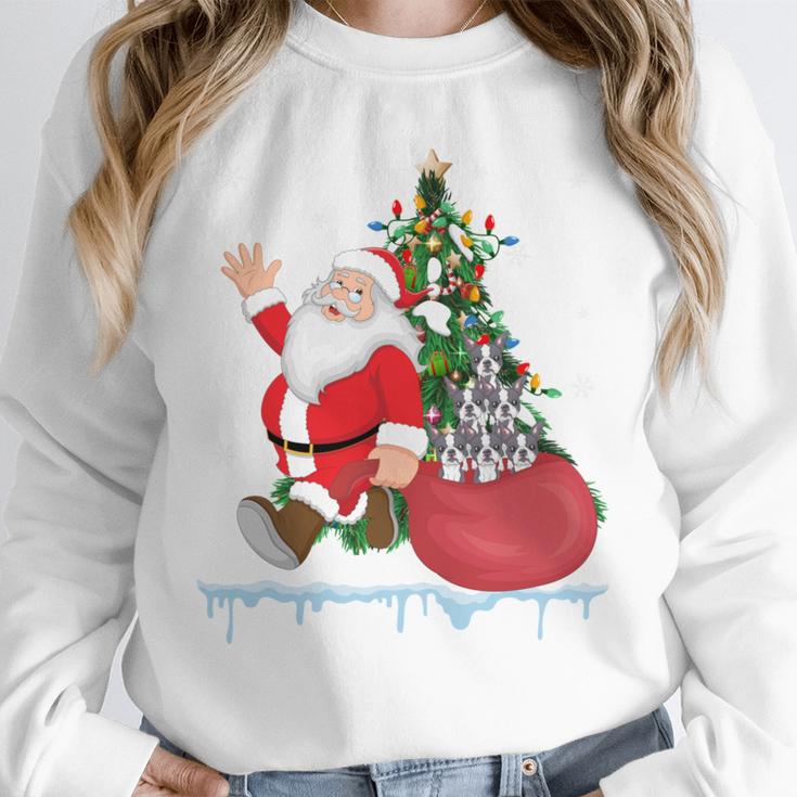 Santa Ugly Christmas Tree Lights Boston Terrier Dog Lover Unisex Sweatshirt, novelty gifts, funny gifts