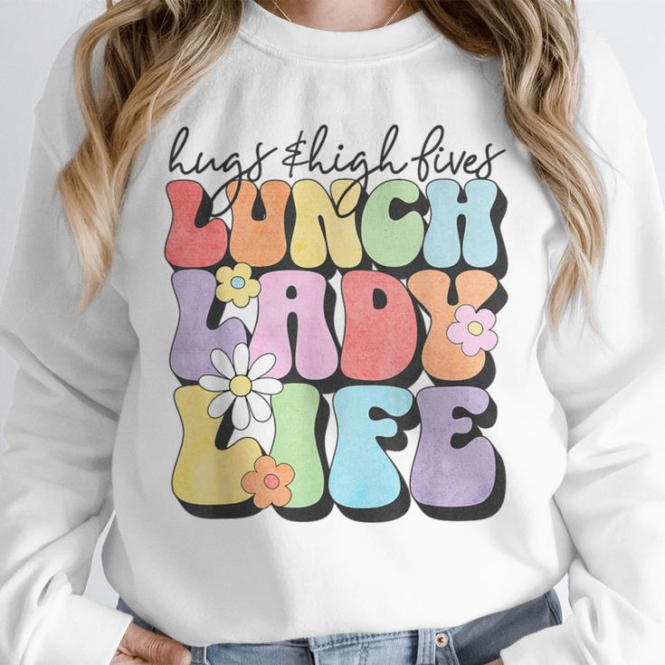 Soul Bleach Teacher Staff First Day Of School Last Hugs & High Fives Lunch Lady Vibes Blue Classic Fit Unisex Sweatshirt, novelty gifts, funny gifts