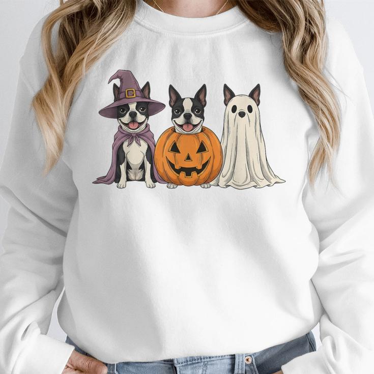 Spooky Ghost Boston Terrier Pumpkin Halloween Dog Lover Unisex Sweatshirt, novelty gifts, funny gifts