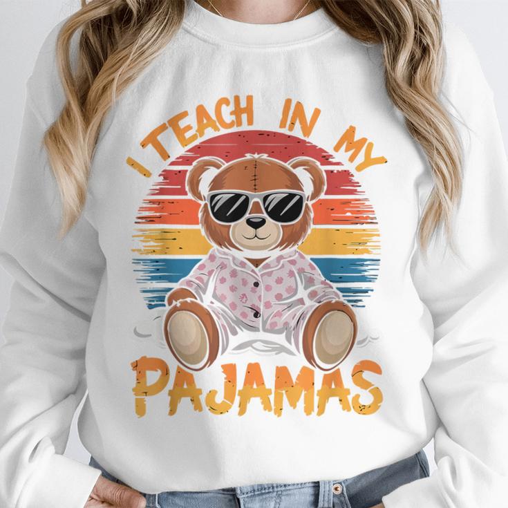 I Teach In My Pajamas Teacher Sunset Bear Retro Unisex Sweatshirt, novelty gifts, funny gifts