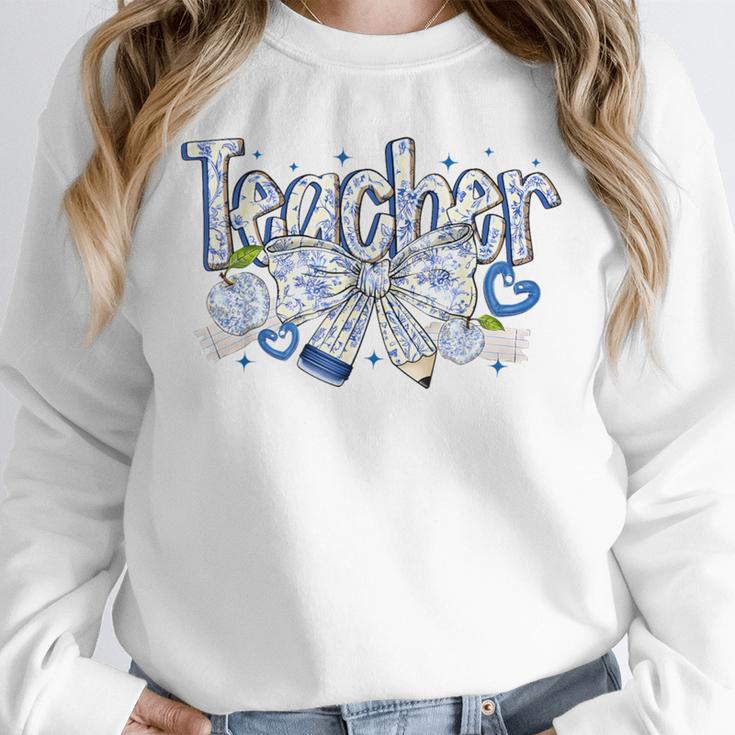 Teacher Blue Chinoiserie Coquette Bow Heart Teacher Life Unisex Sweatshirt, novelty gifts, funny gifts Teacher Blue Chinoiserie Coquette Bow Heart Teacher Life Unisex Sweatshirt, novelty gifts, funny gifts