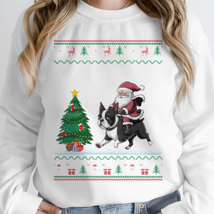 Ugly Christmas Tree Lights Xmas Santa Riding Boston Terrier Unisex Sweatshirt, novelty gifts, funny gifts