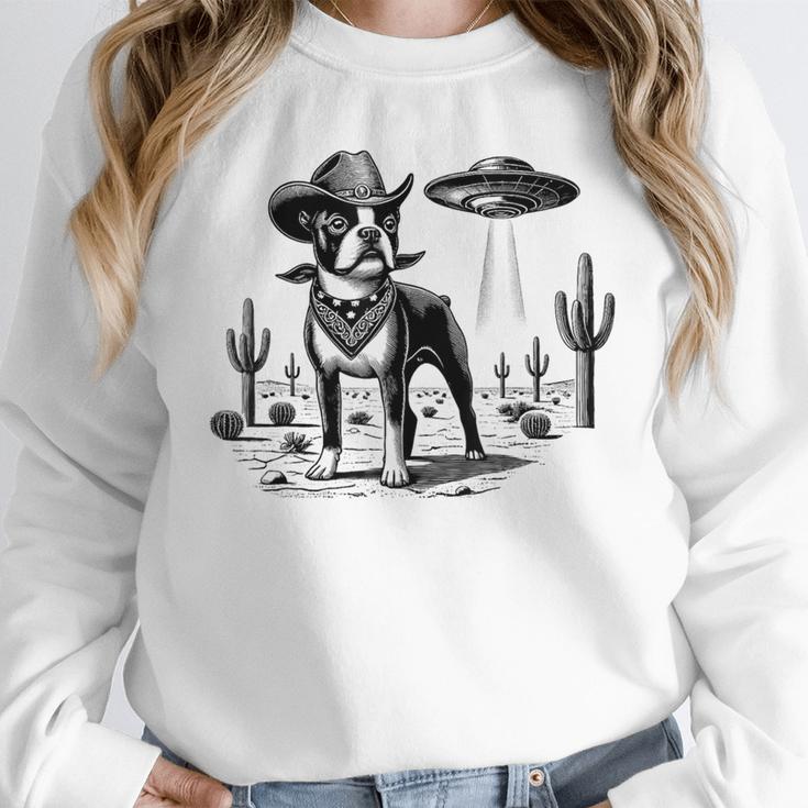 Vintage Boston Terrier UFO Western Wild West Dog Mom Dad Unisex Sweatshirt, novelty gifts, funny gifts