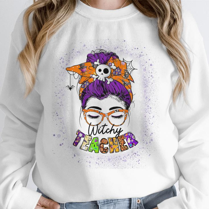 Witchy Teacher Halloween Messy Bun Teacher Bleached Unisex Sweatshirt, novelty gifts, funny gifts Witchy Teacher Halloween Messy Bun Teacher Bleached Unisex Sweatshirt, novelty gifts, funny gifts
