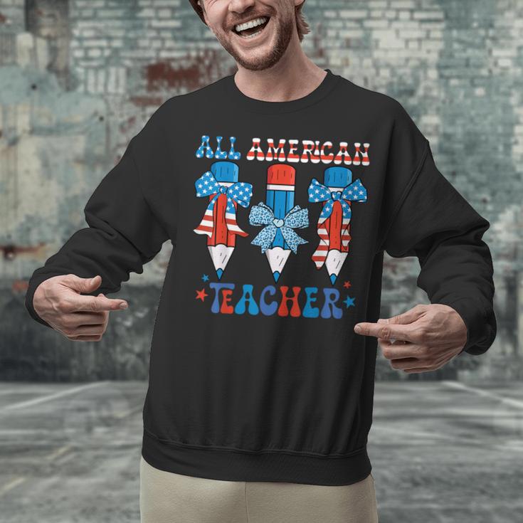 All American Teacher Pencil Coquette Bow USA Flag Teachers Unisex Sweatshirt, gift for family, gift for coworker