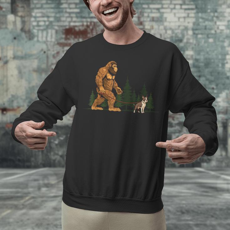 Boston Terrier Bigfoot Dog Walking Dog Mom Dad Kids Unisex Sweatshirt, Boston Terrier Mom Sweatshirts, Boston Terrier Dad Sweatshirts, gift for family, gift for coworker
