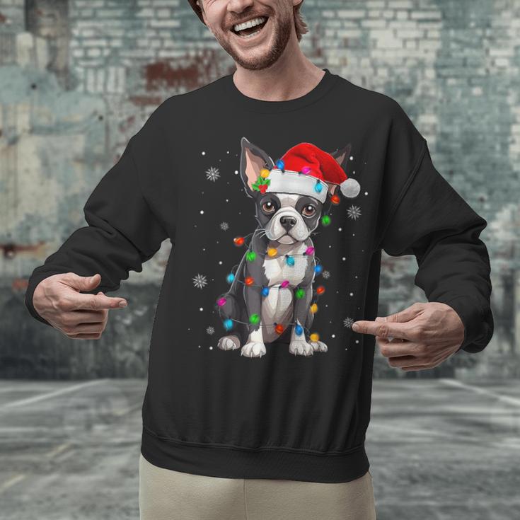 Boston Terrier Christmas Santa Hat Tree Lights Pajama Unisex Sweatshirt, Boston Terrier Christmas Sweatshirts, gift for family, gift for coworker