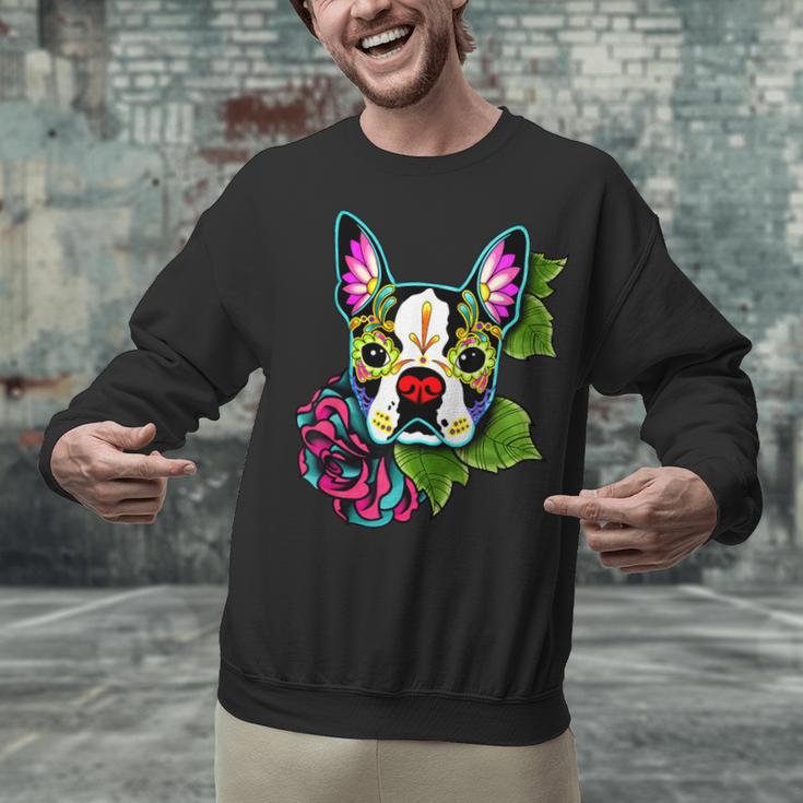 Boston Terrier In Day Of The Dead Sugar Skull Dog Unisex Sweatshirt, gift for family, gift for coworker