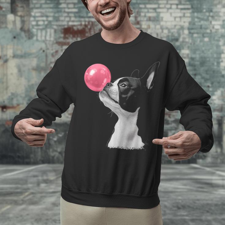 Boston Terrier Dog Blowing Chewing Bubble Gum Pink Unisex Sweatshirt, gift for family, gift for coworker