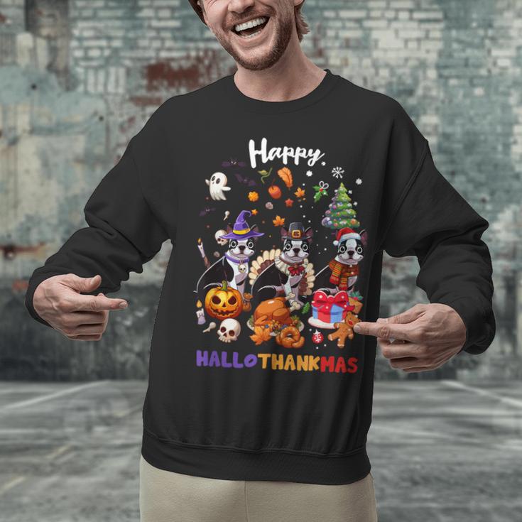 Boston Terrier Dog Christmas Happy Hallothankmas Halloween For Men Women Kids Unisex Sweatshirt, Boston Terrier Halloween Sweatshirts, Boston Terrier Christmas Sweatshirts, gift for family, gift for coworker