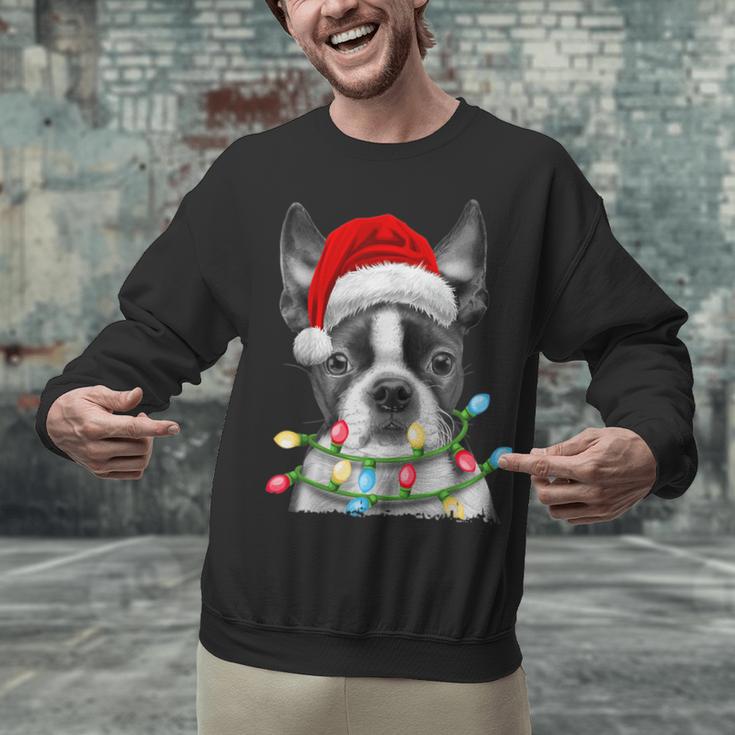 Boston Terrier Dog Santa Christmas Tree Lights Xmas Unisex Sweatshirt, Boston Terrier Christmas Sweatshirts, gift for family, gift for coworker
