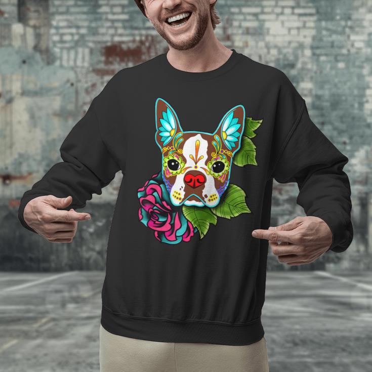 Boston Terrier In Red Day Of The Dead Sugar Skull Dog Unisex Sweatshirt, gift for family, gift for coworker