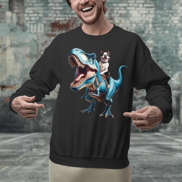 Boston Terrier Riding T-Rex Dinosaur Dog Lover Unisex Sweatshirt, Boston Terrier Riding Sweatshirts, gift for family, gift for coworker