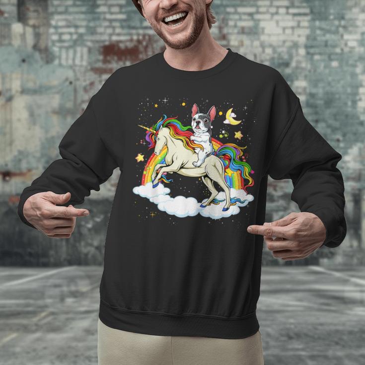 Boston Terrier Riding Unicorn Boys Girls Kids Rainbow Unisex Sweatshirt, Boston Terrier Riding Sweatshirts, gift for family, gift for coworker