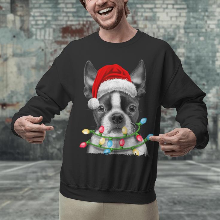 Boston Terrier Santa Christmas Tree Lights Xmas Boys Men Dog Unisex Sweatshirt, Boston Terrier Christmas Sweatshirts, gift for family, gift for coworker