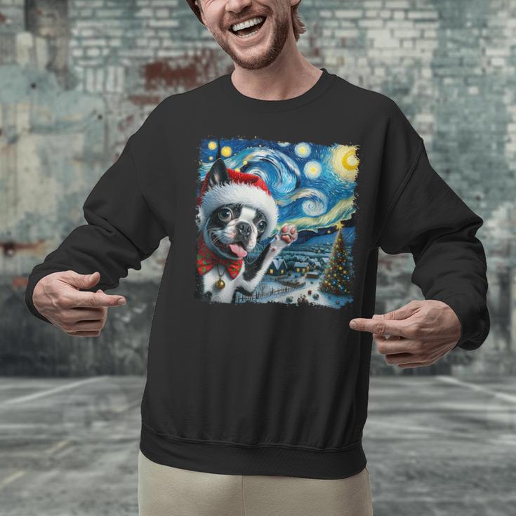 Boston Terrier Santa Starry Night Van Gogh Christmas Dog Men Women Kids Unisex Sweatshirt, Boston Terrier Christmas Sweatshirts, gift for family, gift for coworker