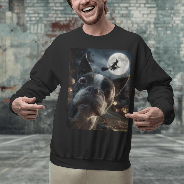Boston Terrier Selfie Full Moon Flying Witch Halloween Dog Unisex Sweatshirt, Boston Terrier Halloween Sweatshirts, gift for family, gift for coworker