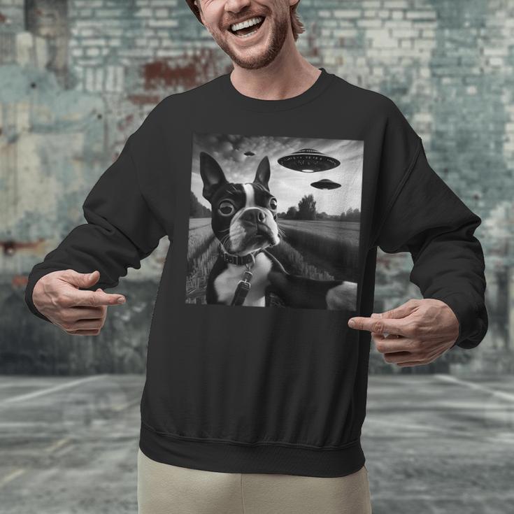 Boston Terrier Graphic Selfie With UFOs Weird Aliens Unisex Sweatshirt, gift for family, gift for coworker